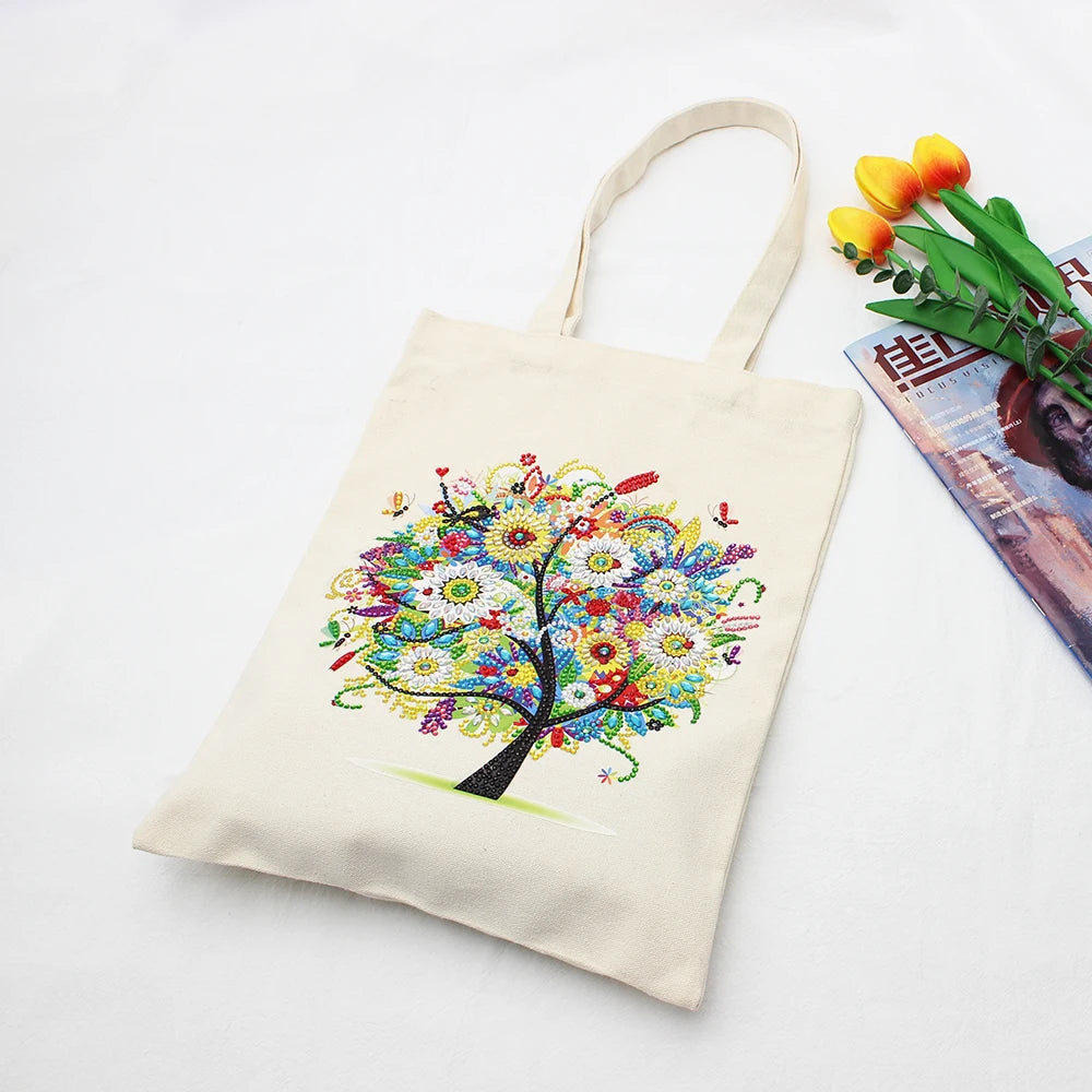 Fashion New Style Diamond Painting Canvas Bag Colorful Flower and Fruit Tree Pattern Polyester-cotton Fabric Daily Shopping Bag