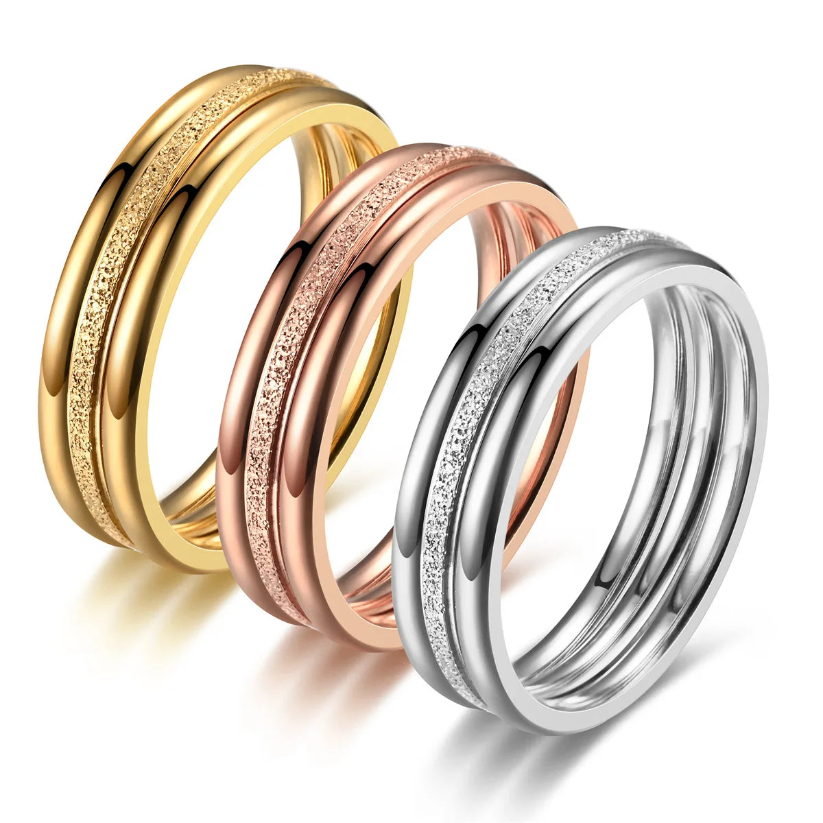 Creative Titanium Steel Plain Zircon Ring Set for Women Three Frosted Wedding Ring for Couples Stainless Steel Three Piece Set