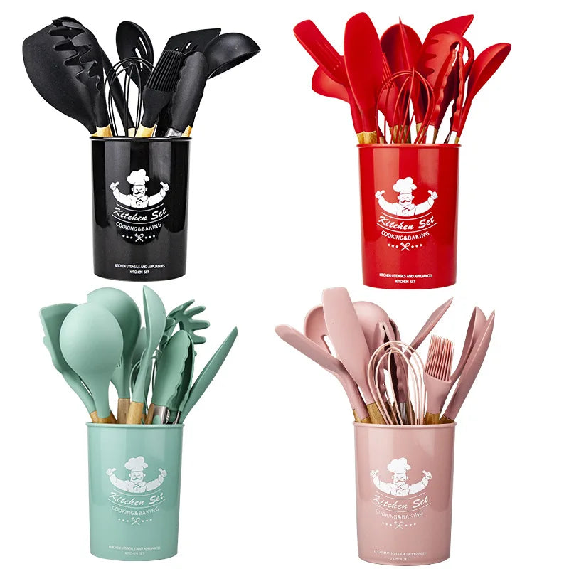 Modern Eco-Friendly Kitchen Utensils Set Silicone with Wooden Handle for Cooking