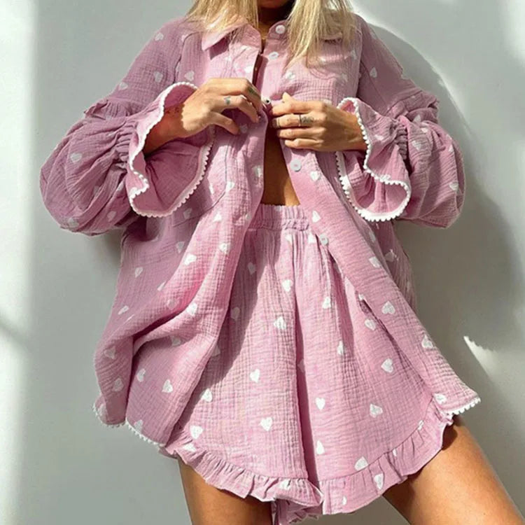Enyami Cozy Ruffle Loose Women's Suit Pocket Long Sleeve Sleepwear Heart Print Cotton Pajamas Women Sets 2 Piece Set Pajama Suit