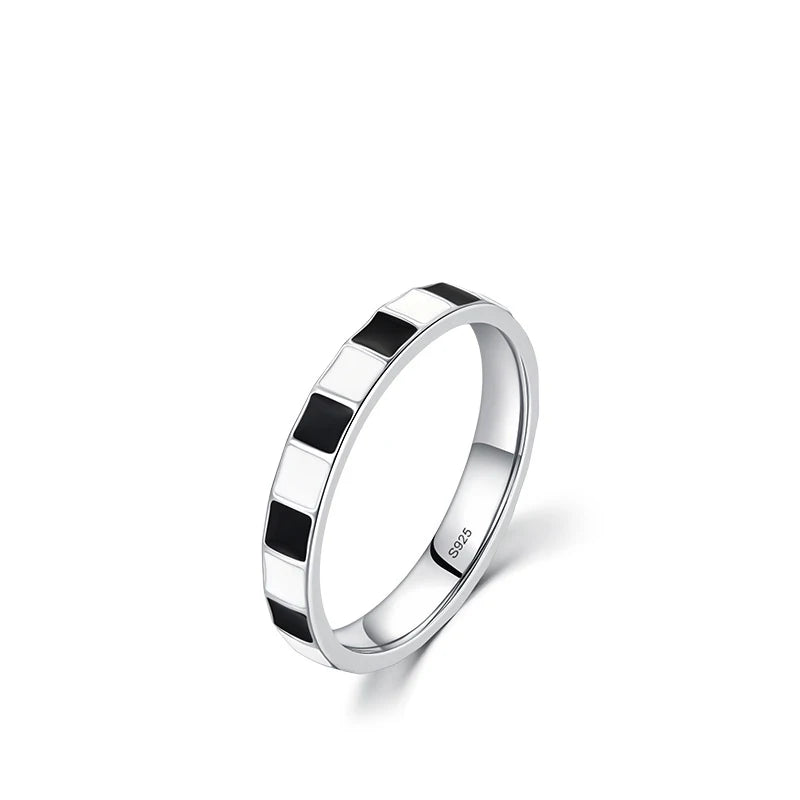 Classic Black White Plaid Enamel Ring Women's Sterling Silver 925 Jewelry for Wedding Other Occasions Enamel Jewelry Gifts