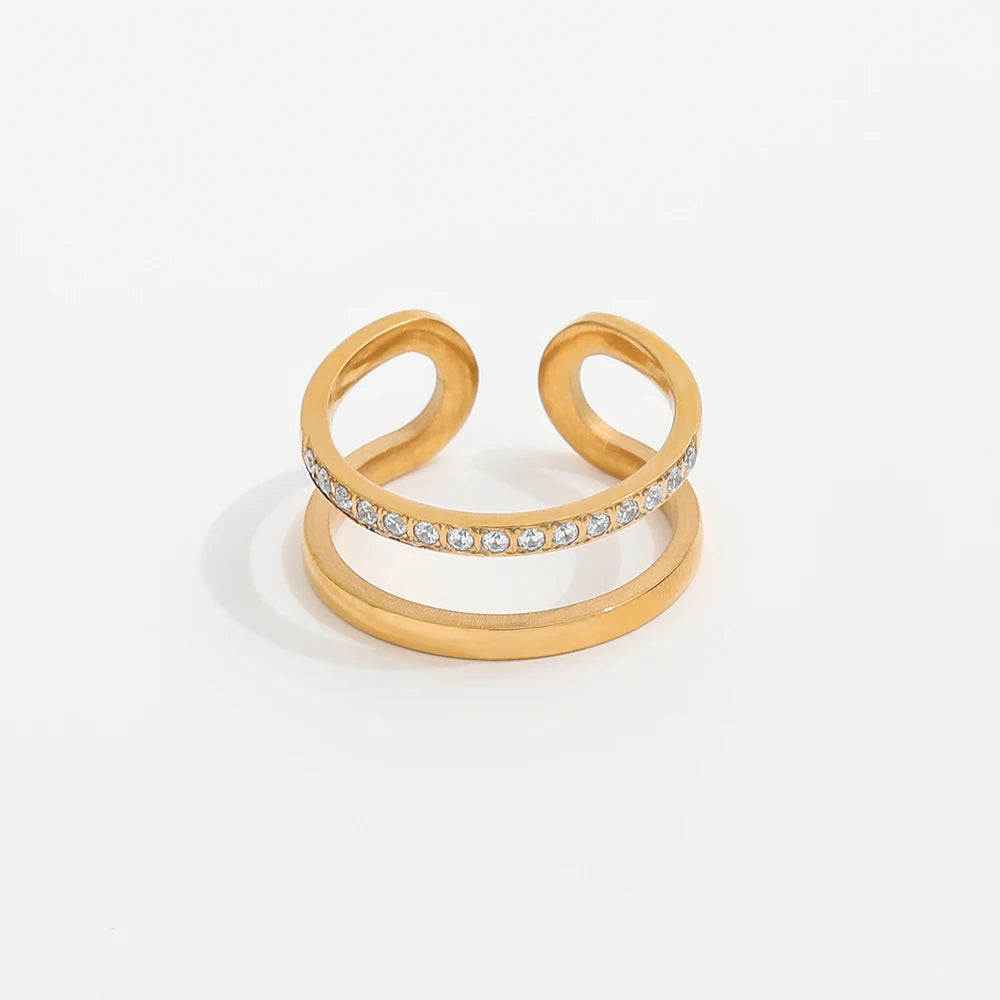 Joolim High End 18K Gold Plated Double-layer Dainty Zirconia Half Pave Stainless Steel Rings for Women