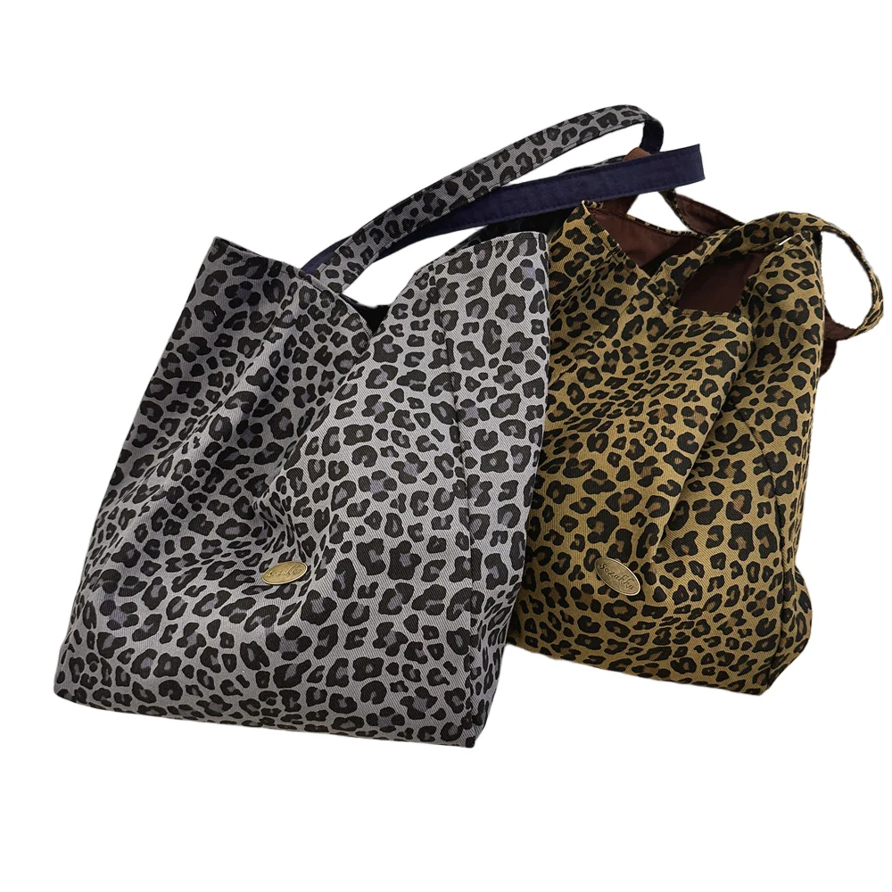 Women's Leopard Print Reversible Canvas Tote Crossbody Bag Large Capacity Single-Shoulder Shopping Bag New Style