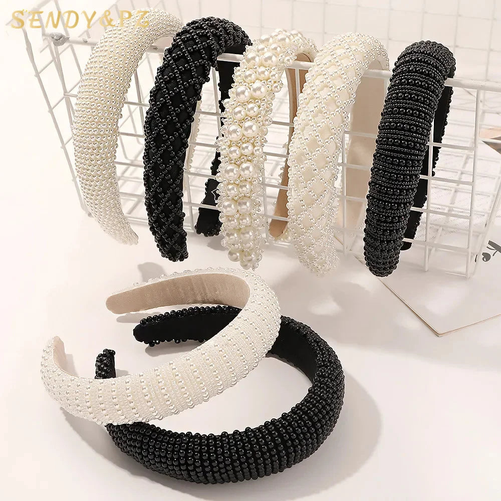 Korean Fashion Luxury Pearl Hair Bands Headband Elegant White Black Rhinestone Crystal Round Beaded Headband for Women