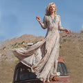 Women's Bohemian Long Skirt Chiffon Printed Fringe Long Sleeved Beach Dress