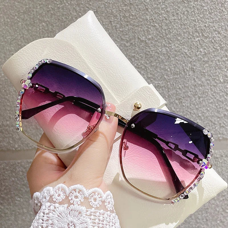 2023 New Rimless Metal Sunglasses for Women Gradient Color with Diamond Decor UV400 Gray Green Pink Frames