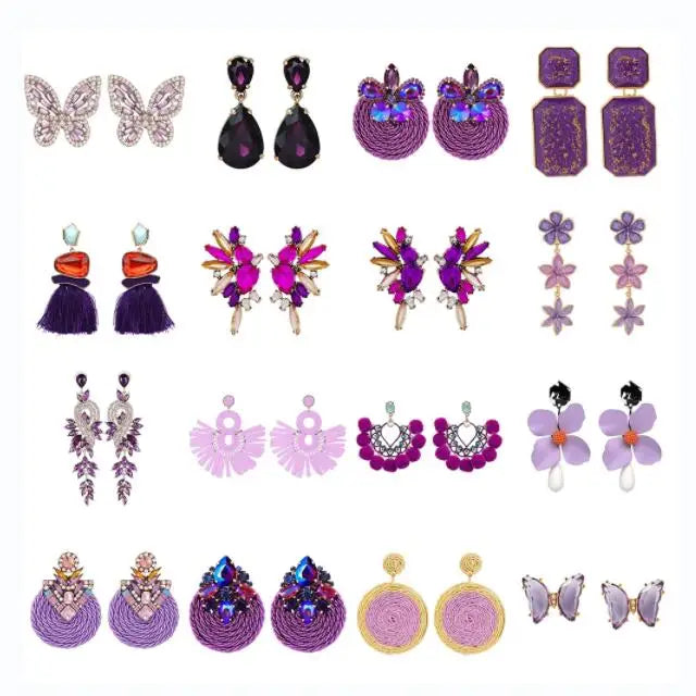 Kaimei 200 Designs New Purple Big Elegant Statement Earrings for Women Round Rhinestone Tassel Geometric Long Drop Earrings