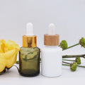 White 1oz 30ml 60ml 2oz Sloping Shoulder Olive Green Round Glass Bottle Dropper with Bamboo Collar Cap