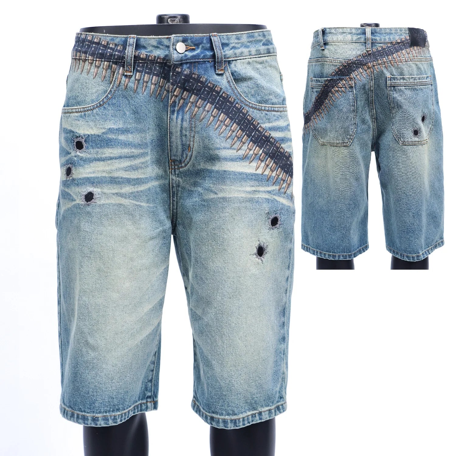 MC BUILD Jean Shorts Custom Dighting Printing Bullet Embellished Cool Design Bermuda Denim Shorts for Men