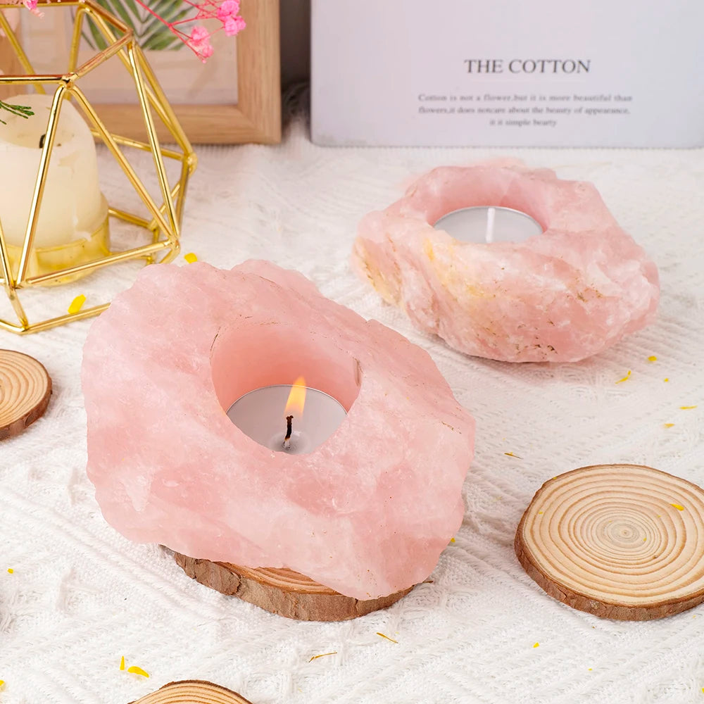 Natural Irregular Rose Quartz Raw Stone Candle Holder Decoration