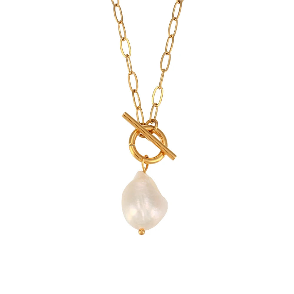 2022 Trendy 18K Gold Plated Paper Clip Chain Necklace Jewelry Baroque Pearl Pendant Necklace for Women