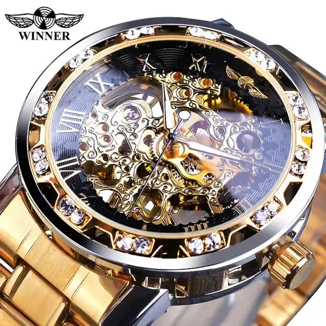 Winner New 2023 Blue Watches Diamond Design Skeleton Men's Mechanical Wrist Watches Clock Male Luminous Hands Silver Stainless