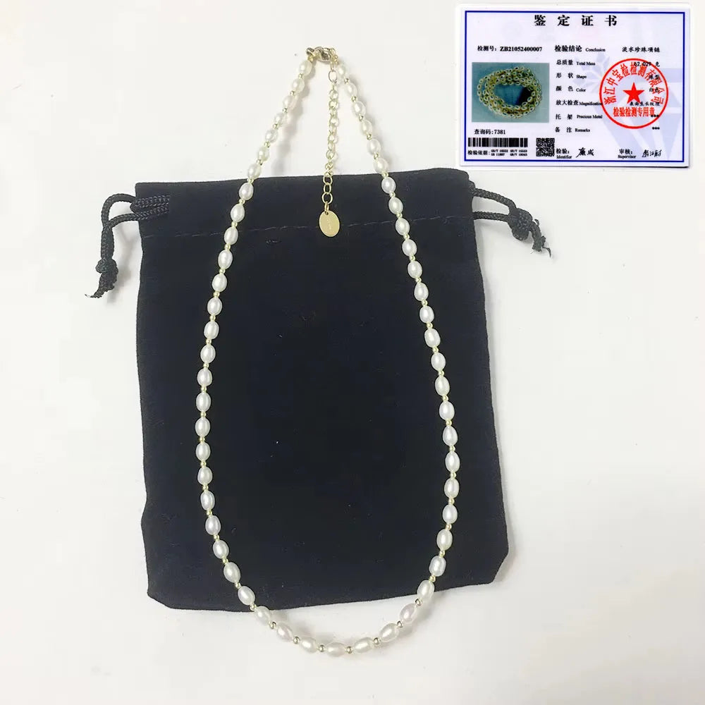 15/16 Inch Choker Necklace real 14K Gold Filled Clasp and Metal AAA 3-4 mm Natural Freshwater Rice Pearlhigh Luster