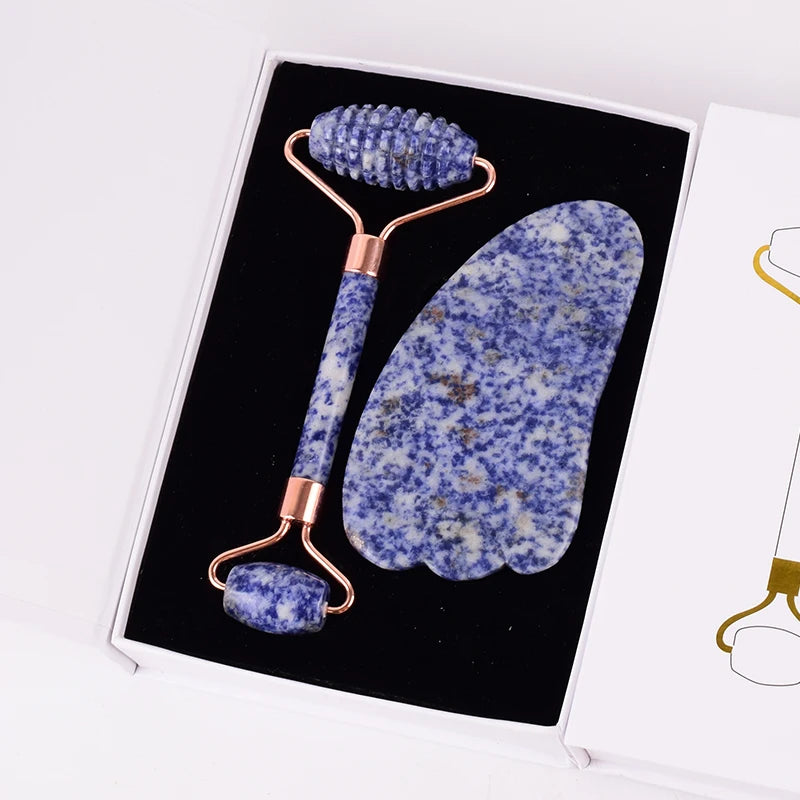 Diy High Quality Jade Roller Private Label Mini Gua Sha Massage Set Face Skin Anti Aging Blue Spot jasper Sawtooth Jade Roller