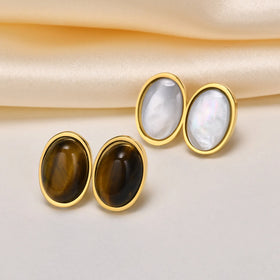 Luxury Elegant Designer Stainless Steel Geometric Oval Shell Tiger Eye Stud Earrings for Women Fashion Jewelry