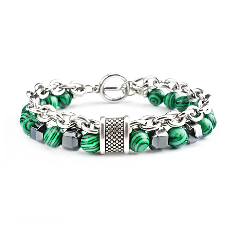 Wholesale Cheap Men's Hip Hop Style Malachite Bracelet Metal Beads Natural Stone Bracelet