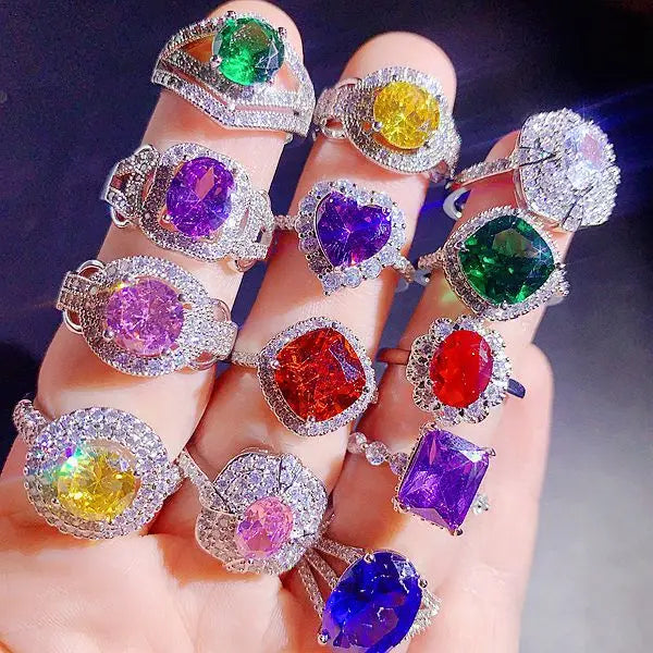 Fashion European American Style Jewelry Rings Women Zircon Ring Crystal Colored Rhinestone Stone Diamond Silver Rings Wholesale