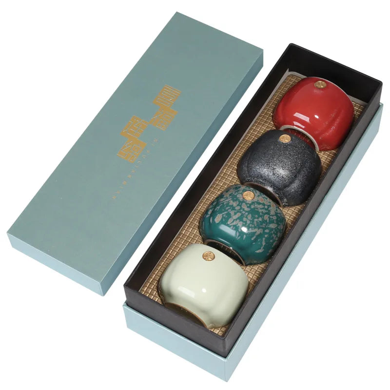 Set of 4 Glazed Luxrury Ceramic Japanese Tea Cup Set Gift
