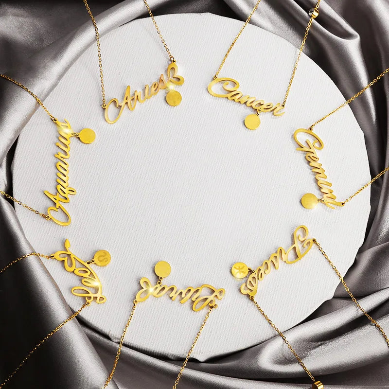 Luxury Waterproof 18K Gold Plated Stainless Steel Horoscope Pendant 12 Zodiac Sign Necklace Jewelry for Women
