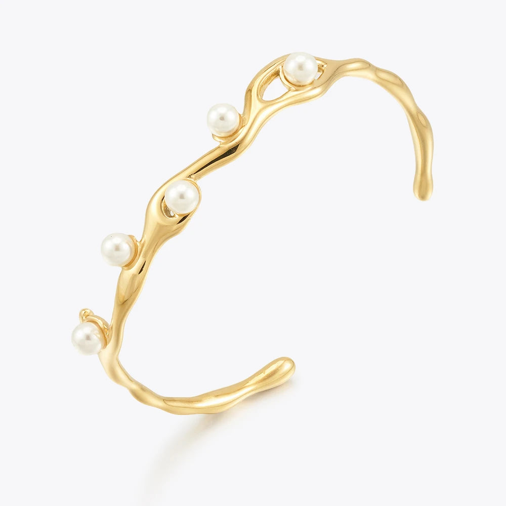 PVD 18K Gold Plated Stainless Steel Jewelry Twist Cuff Pearls Adjustable Bangle Waterproof for Woman Bracelet B252528