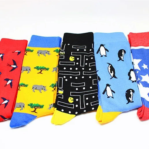 Wholesale Cotton Men's Crew Socks Breathable Jacquard Cartoon Penguin Panda Animals Pattern Casual Style Customizable