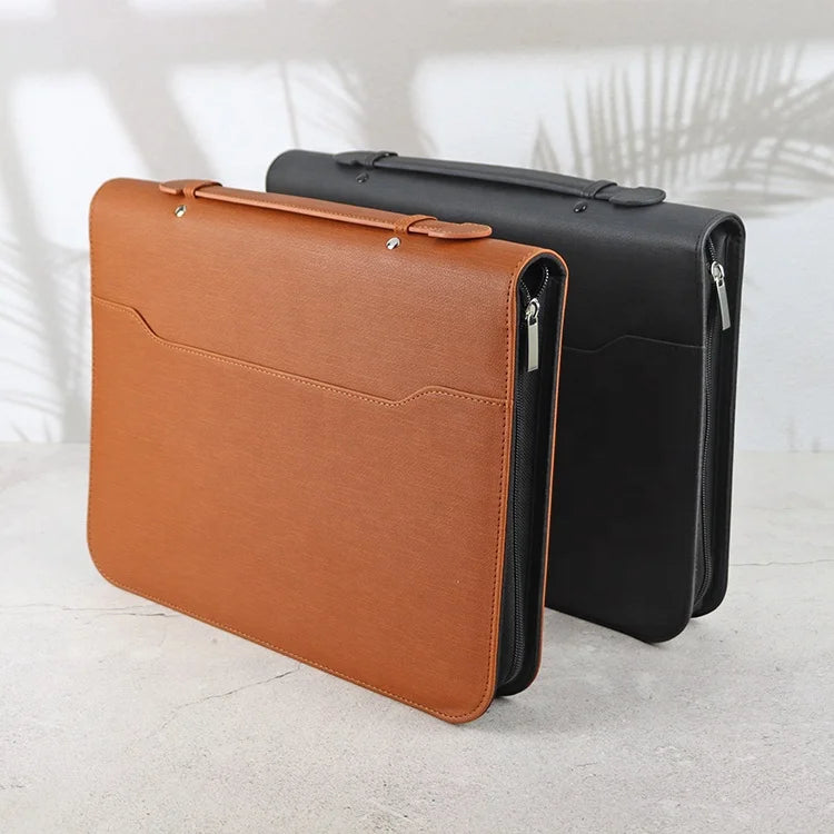 Portable Business Multifunction A4 PU Leather Portfolio Card Slot Ring Binder Folder Office Zippered Documents Holder Briefcases