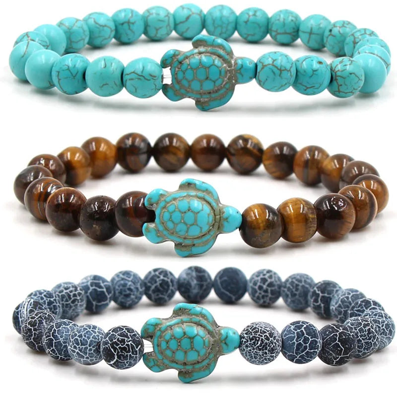 Adjustable 8MM Natural Stone Punk Elastic Volcanic Stone Turquoise Yoga Healing Blue Sea Stretch Beaded Turtle Charm  Bracelet