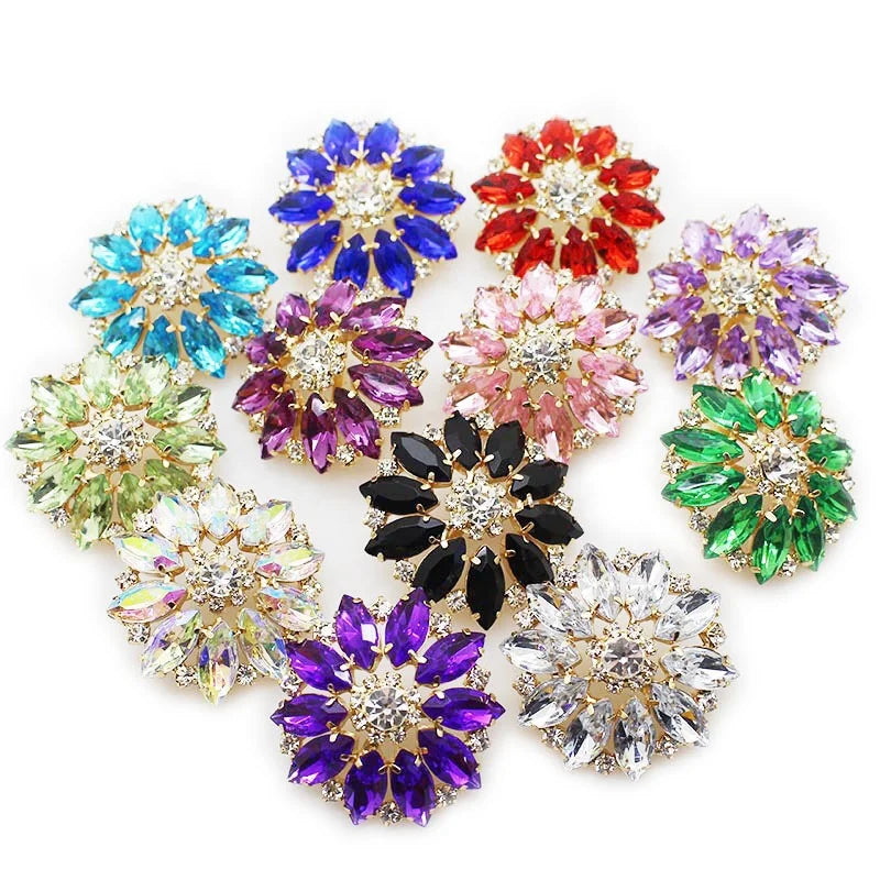 HFOUR 38mm Round Flowers Glass Rhinestone Shank Buttons with Plating Clear White Color 3D Sewing & DIY Clothing Decoration