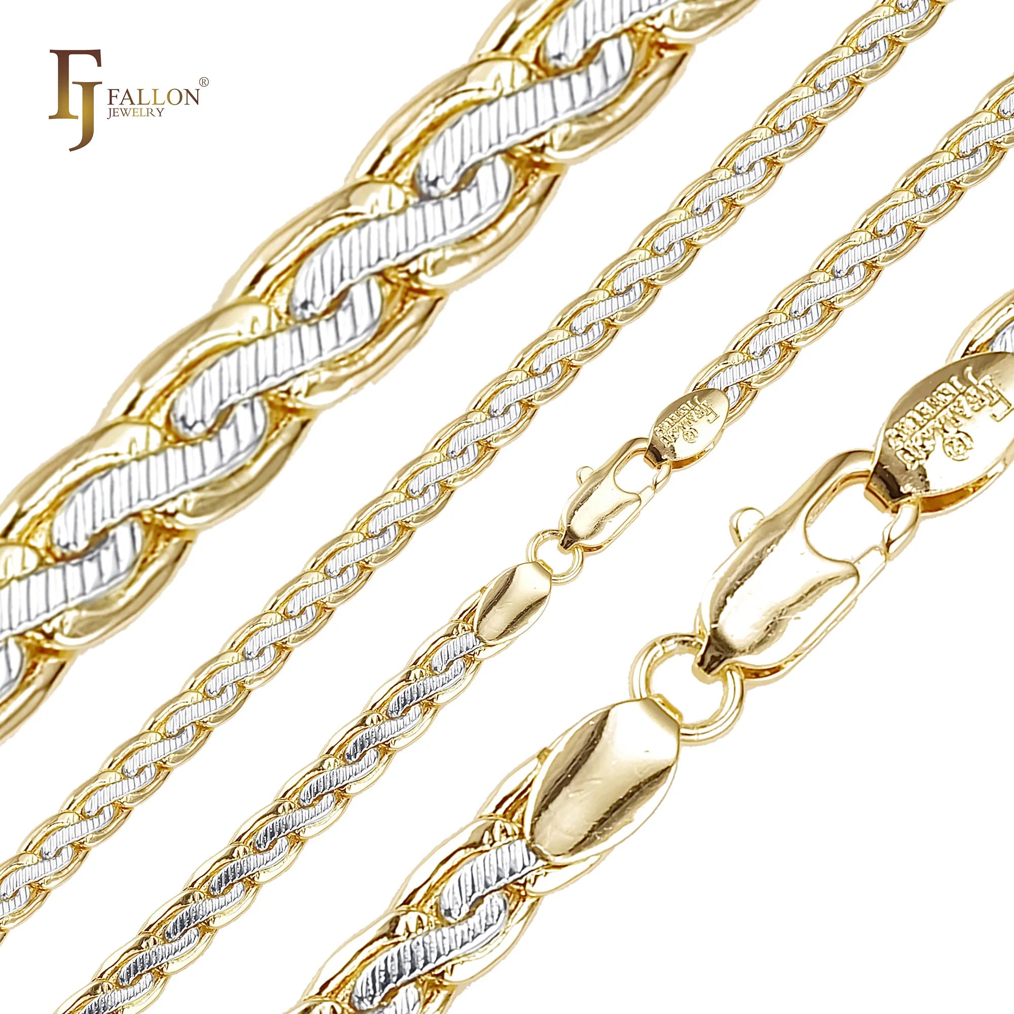 5mm FJ Fallon Fashion Jewelry Spiga Wheat Link Trace Hammered Chain Plated in 14K Gold Two Tone Brass Based