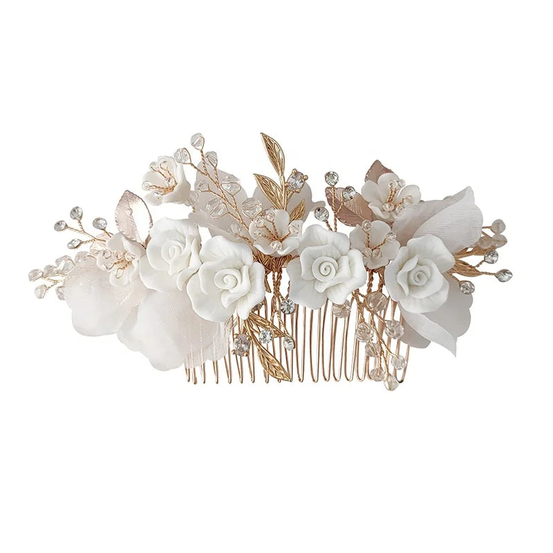 Blossom Porcelain and Crystal Wedding Hair Comb Women's Hairstyle Jewelry for Bridal Accessories