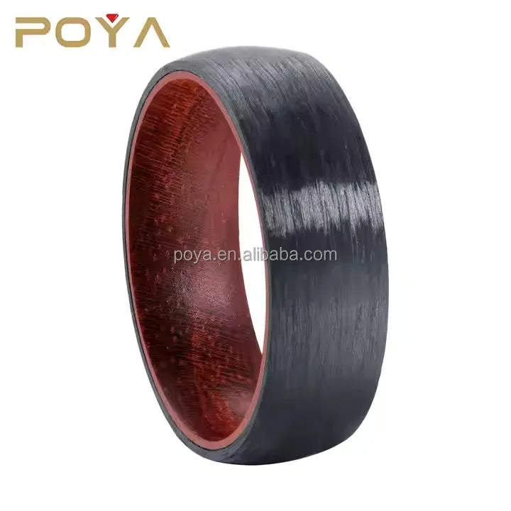 POYA 8mm Dome Black Carbon Fiber Ring Solid Wooden Insert Comfort Fit Classic Style Tungsten Jewelry Wedding Engagement Gift