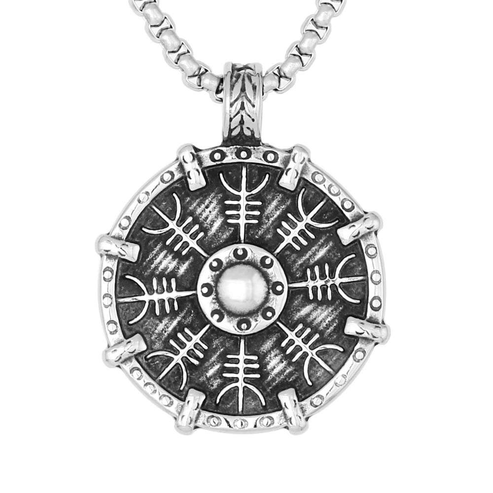 Viking Norse Mythology Jewelry Stainless Steel Symbol Helm Awe Shield Pendant Necklace With 3d Effect