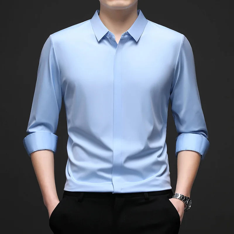 RNSHANGER New Men's Business Casual Long Sleeved Solid Shirt Casual Wrinkle Resistant Button Invisible Comfortable Male Shirts