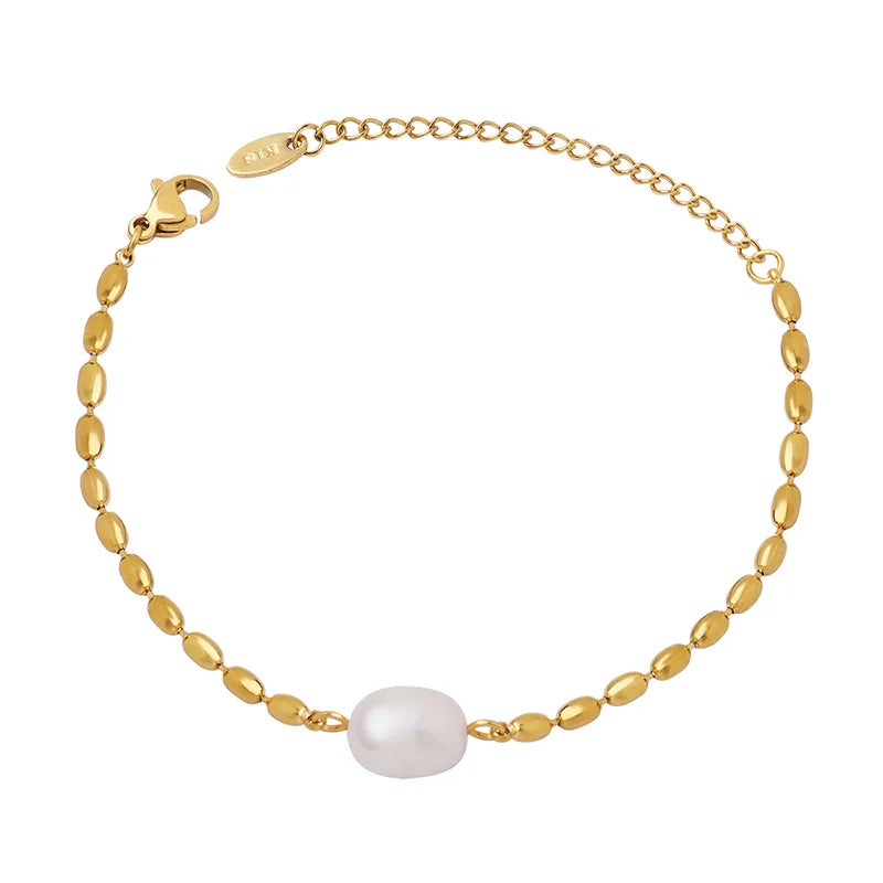 Classic 18K Gold Plated Stainless Steel Bracelet for Women Tarnish-Free Baroque Freshwater Pearl Bead Chain for Parties Gifts