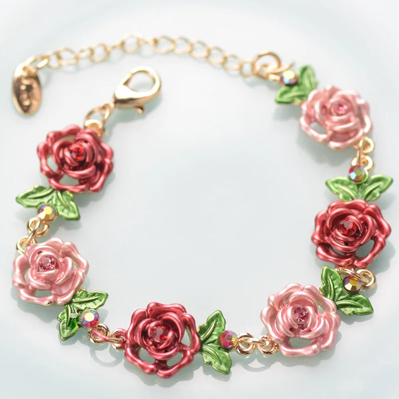 New Design Vintage Alloy Crystal Green Leaf Cloisonne Rose Flower Bracelet