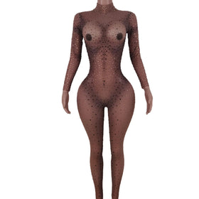 Sexy Drag Queen Mesh Diamond One Piece Bodysuits Exotic Dancewear Stripper Outfit Night Club Rompers Women Rhinestone Jumpsuit