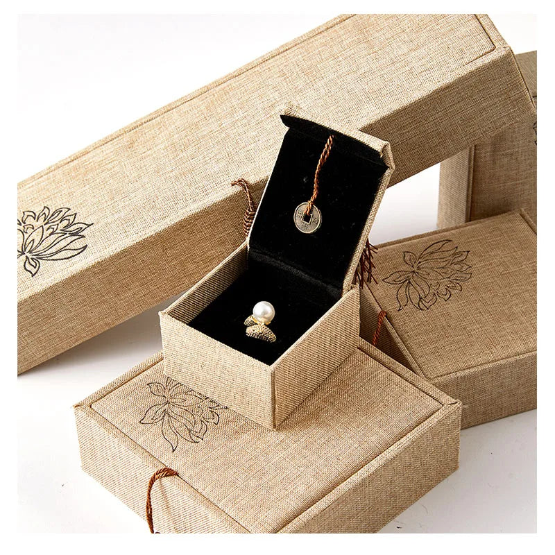 Factory Brown Flower Fabric Cardboard Earring Bangle Bracelet Jewelry Packaging Box With Tassel With Logo