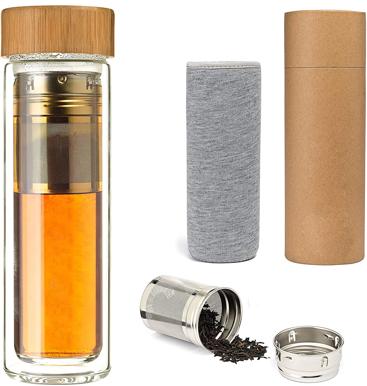15oz No Minimum Premium High Quality Double Wall Glass Fruit Water Bottle Tea Water Bottle with Infuser Bamboo Lid