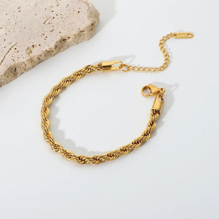 Classic Gold Trendy Rope Twist Bracelet 18K Gold Plated Stainless Steel 5MM Thick Woven Twisted Rope Chain for Gift