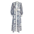 Stand Collar Lantern Sleeve High Waist Printed Women Dresses Long Sleeve Dress