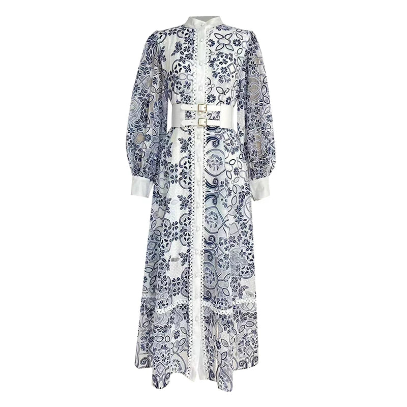 Stand Collar Lantern Sleeve High Waist Printed Women Dresses Long Sleeve Dress