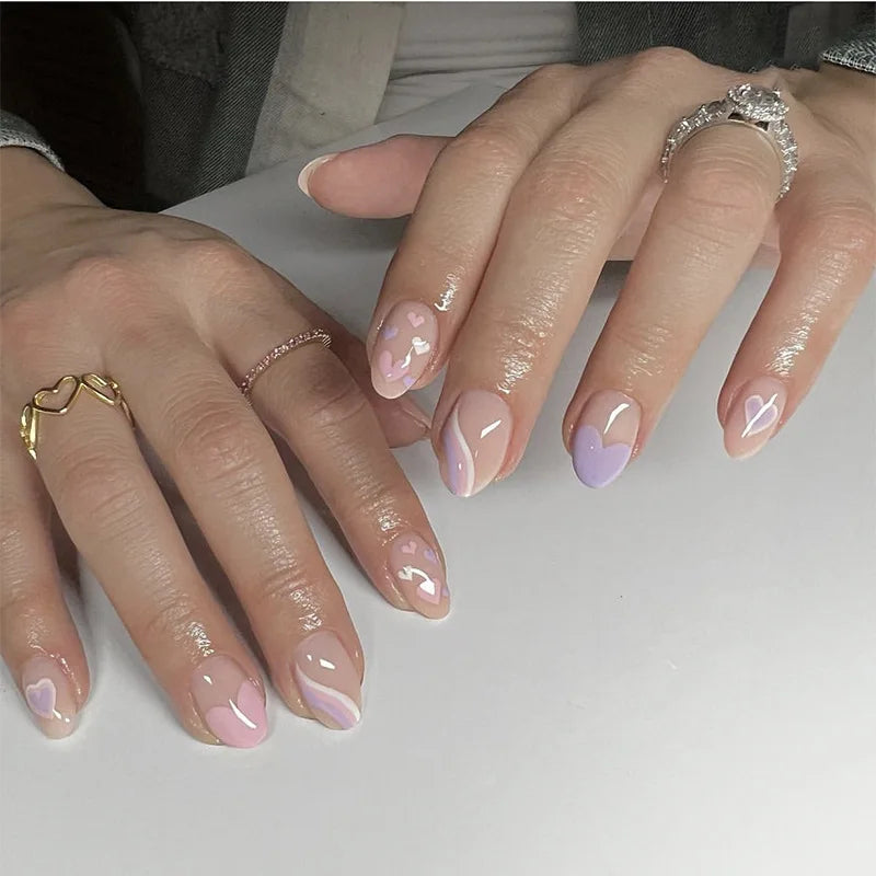 Wholesale Temooi 24Pcs ABS Full Cover False Nails Almond Heart Two-color Printing French Design Press Nails Glue Finger