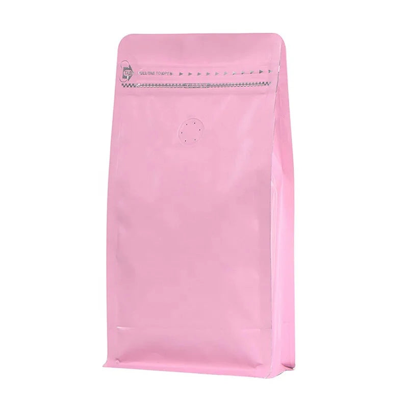 High Barrier Aluminum Foil 8oz 10oz 12oz Flat Bottom Standing Coffee Beans Storage Bags Pink Coffee Bags With Valve and Zipper