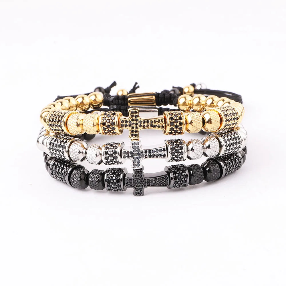 New Fashion Handmade Cubic Zircon Cross Charm Stainless Steel Adjustable Macrame Bracelet JBS12294