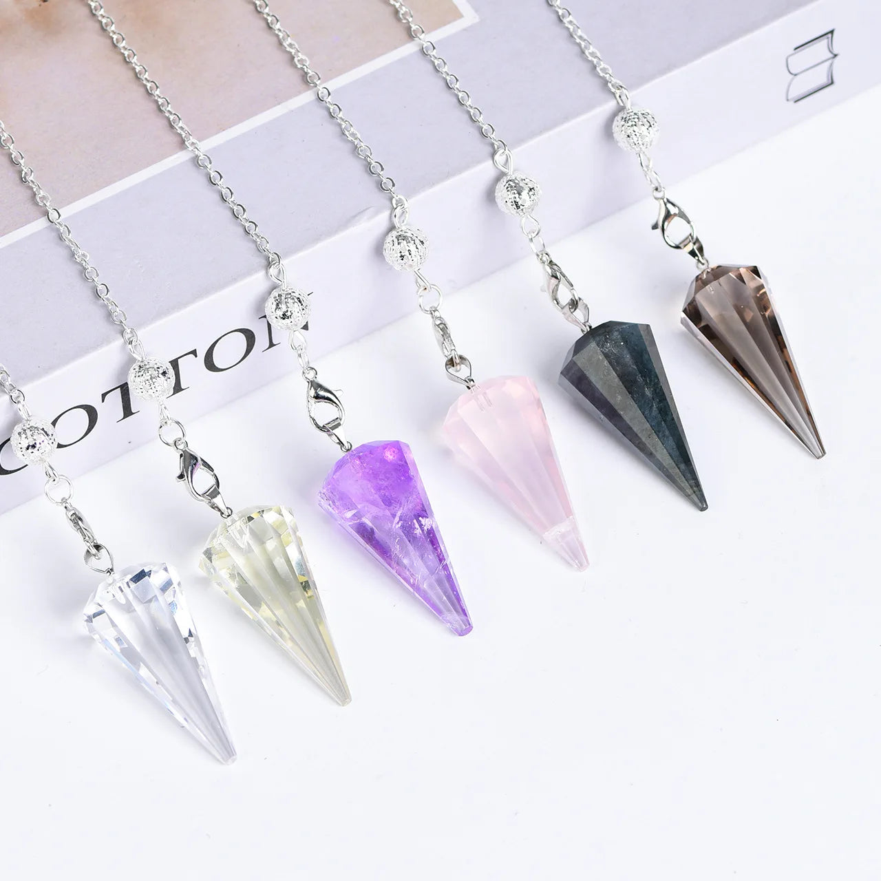 Natural Stones Pendulum for Dowsing Divination 7 Chakra Chain Hexagonal Column Silver-color Cone Pendant Reiki Pendule