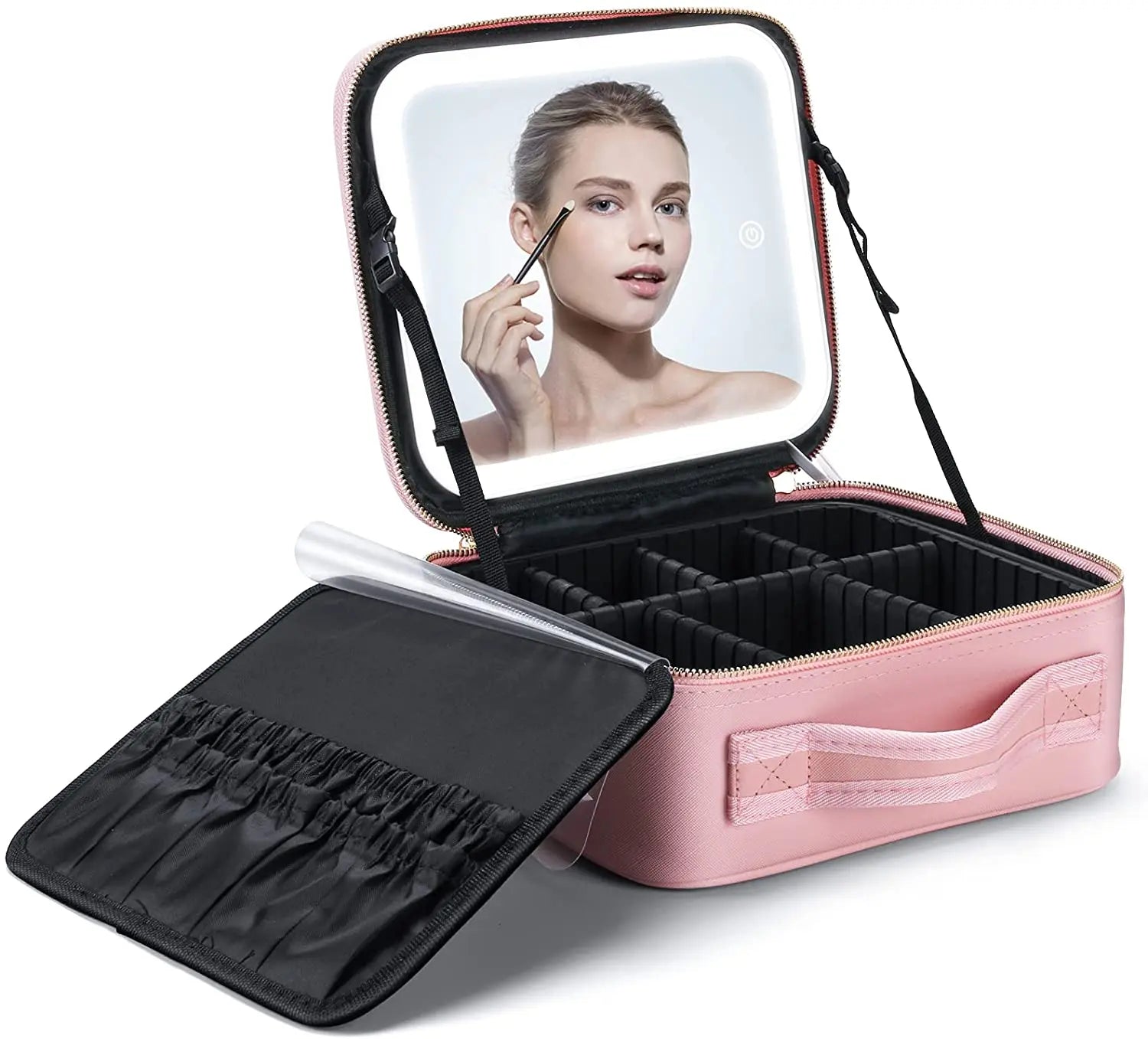 New Smart LED Makeup Bag With Mirror for Women With Compartments Large Capacity Waterproof PU Leather Travel Cosmetic Case