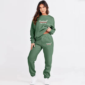 Custom Women's Long Sleeve Crewneck Sweatsuit Jogger Pants Soft Fleece Two Piece Outfits for Winter Lounge Wear Featuring