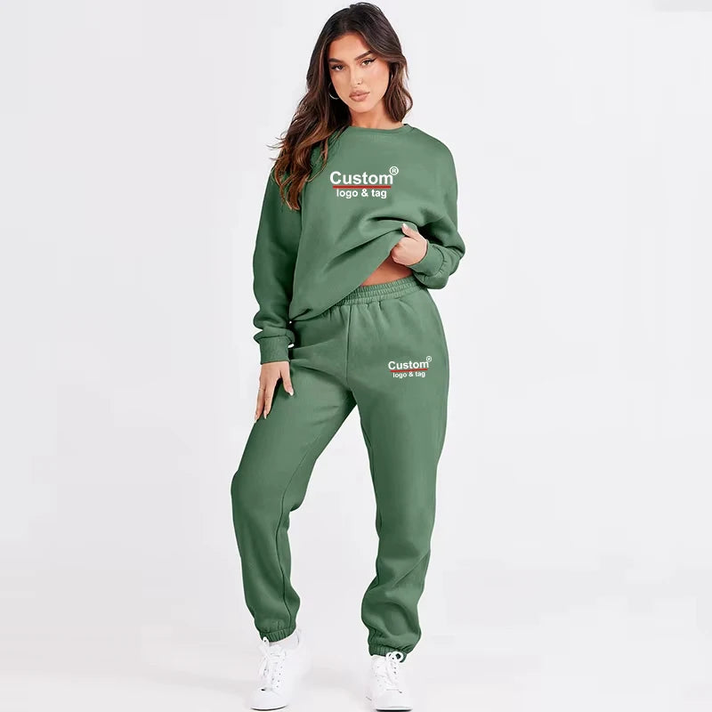 Custom Women's Long Sleeve Crewneck Sweatsuit Jogger Pants Soft Fleece Two Piece Outfits for Winter Lounge Wear Featuring