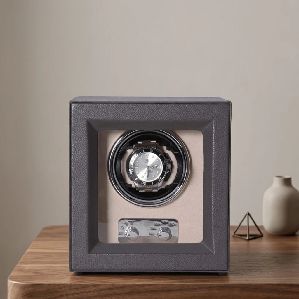 High Quality Single Slot Protective Watch Winder Box Grey PU Leather Watch Display Silent Motor Rotating Battery Operated