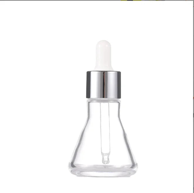 New Design Stock Transparent Glass Horn Round Shape 30ml Dropper Bottle with Spray Cap and Screen Printing for Essential Oils